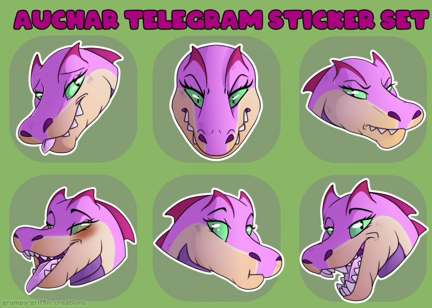 2021 anthro blush crocodile crocodilian crocodylid digital_media_(artwork) female frown grumpy_griffin_creations headshot looking_at_viewer open_mouth reptile scalie simple_background smile solo telegram_stickers text tongue