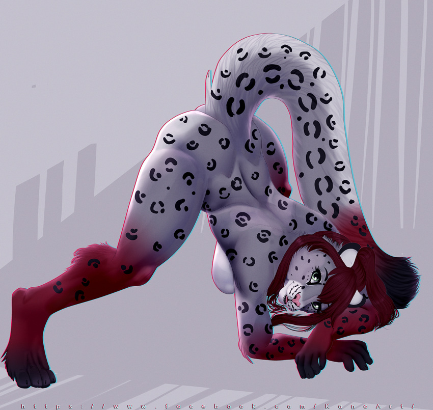 anthro ass_up breasts cheek_tuft dipstick_ears dipstick_tail elbow_tufts facial_tuft felid female fingerless_(marking) gloves_(marking) hi_res jack-o'_pose jaguar kanou leg_markings long_tail looking_at_viewer mammal markings multicolored_ears multicolored_tail pantherine pose side_boob simple_background snow_leopard socks_(marking) solo tail_markings toeless_(marking) tuft whisker_markings