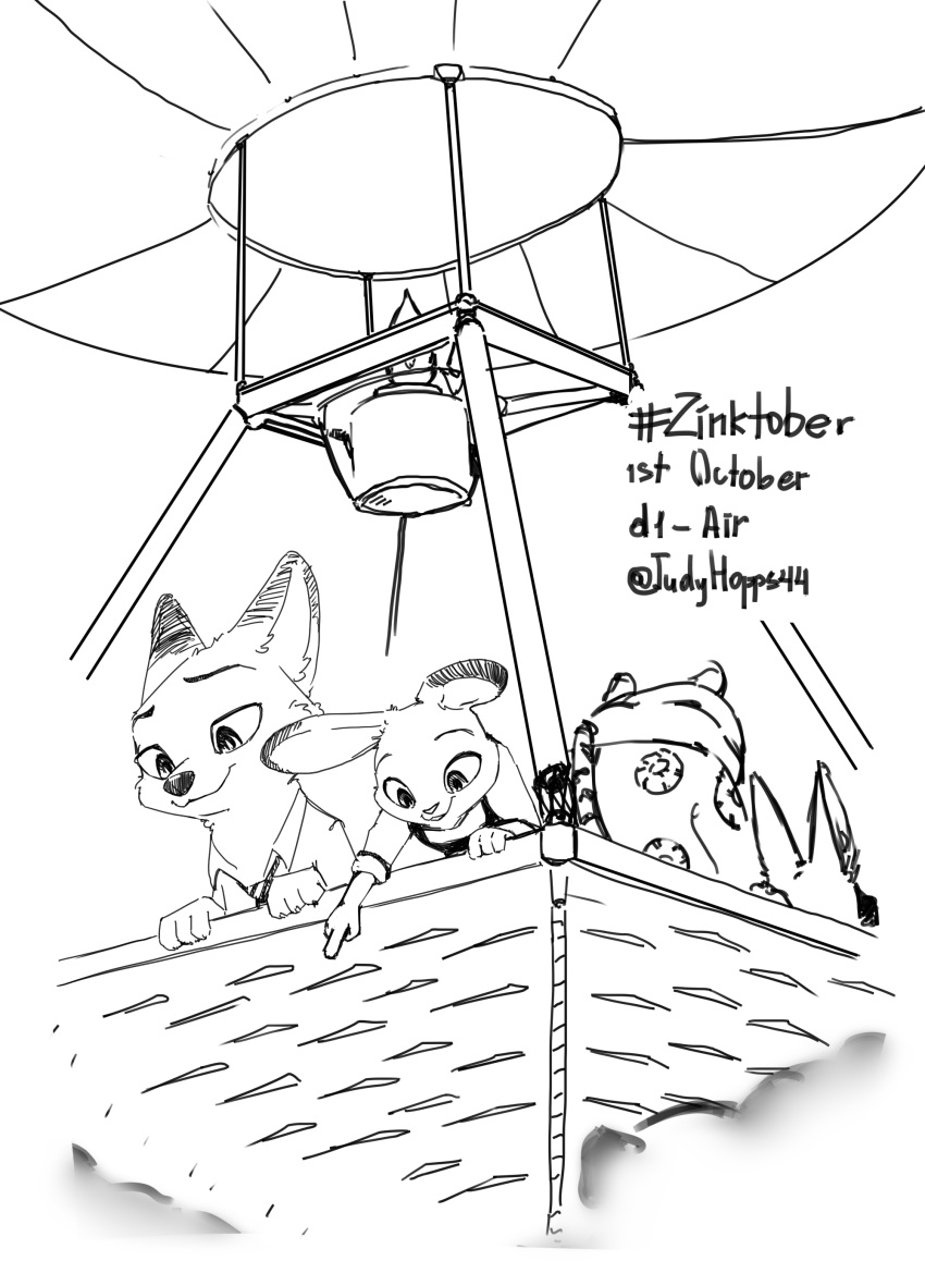 2021 absurd_res aircraft anthro artist_name balloon canid canine clothed clothing disney fox gesture group hi_res hot_air_balloon inflatable inktober inktober_2021 judy_hopps judyhopps44 lagomorph leporid mammal monochrome necktie nick_wilde pointing rabbit red_fox shirt smile topwear zootopia