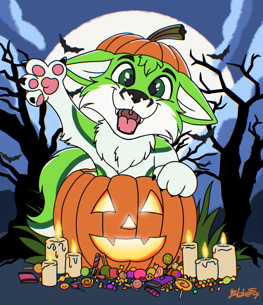 absurd_res anthro black_nose blakefox candle candy canid canine cloud creepy dessert digital_media_(artwork) fidget_the_fox food fox fruit full_moon fur green_body green_eyes green_fur hair halloween hi_res holidays jack-o'-lantern looking_at_viewer male mammal moon pawpads paws pink_pawpads pink_paws pink_tongue plant pumpkin signature smile solo spooky_(disambiguation) tongue tree white_body white_fur