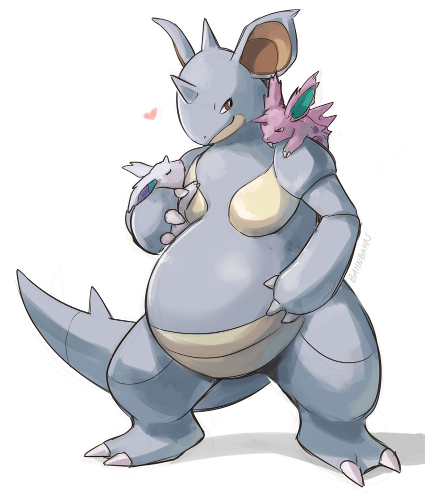 anthro bahnbahn_(artist) belly big_belly breasts claws embrace embracing female group hand_on_stomach hi_res horn mother mother_and_child nidoqueen nidoran nidoran♀ nidoran♂ nintendo parent parent_and_child pok&eacute;mon pok&eacute;mon_(species) pregnant spikes thick_thighs video_games