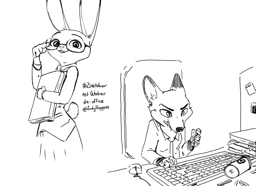 2021 anthro black_and_white canid canine clothed clothing computer_mouse disney duo eyewear female fox fully_clothed glasses hi_res inktober inktober_2021 judy_hopps judyhopps44 keyboard lagomorph leporid male mammal monochrome necktie nick_wilde rabbit red_fox shirt topwear zootopia