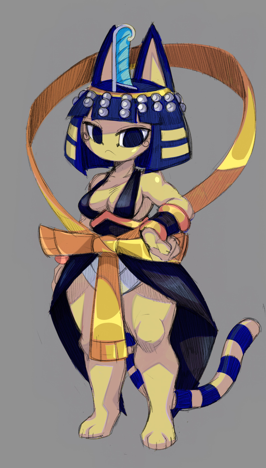 2021 absurd_res animal_crossing ankh ankha_(animal_crossing) anthro breasts circlet cleavage clothed clothing cosplay domestic_cat egyptian eliza_(skullgirls) felid feline felis female fur grey_background headdress hi_res ink01 mammal nintendo simple_background solo video_games yellow_body yellow_fur