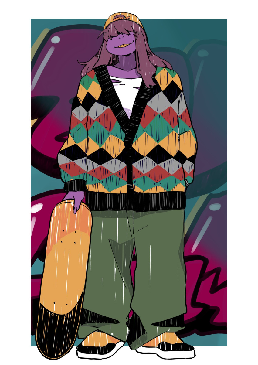 anthro backwards_baseball_cap backwards_hat baseball_cap bottomwear brown_hair claws clothing deltarune dinosaur female footwear freckles front_view graffiti grin hair hair_over_eyes hat headgear headwear hi_res holding_object holding_skateboard obscured_eyes pants purple_body purple_scales reptile scales scalie shirt shoes simple_background skateboard smile sneakers solo standing susie_(deltarune) sweatshirt topwear torn_clothing torn_shirt torn_topwear underchikichan undertale_(series) video_games