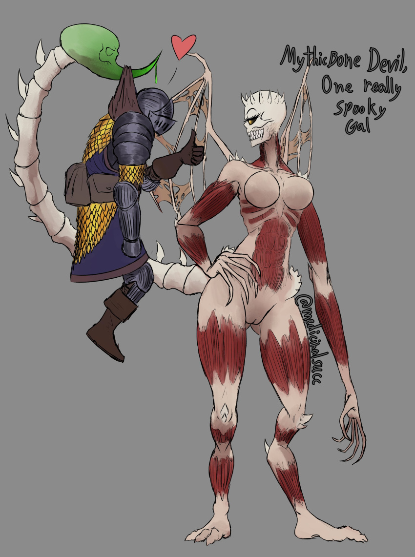 &lt;3 absurd_res armor bone bone_devil duo female genitals hi_res humanoid long_arms male medicinal_succ muscular pathfinder pussy scale_knight_(medicinalsucc) scales scorpion_tail skull stinger teeth wide_hips wings