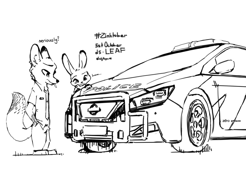 2021 anthro barefoot black_and_white bottomwear canid canine car clothed clothing dialogue dipstick_ears dipstick_tail disney duo english_text feet fox fully_clothed hands_in_pockets hi_res inktober inktober_2021 judy_hopps judyhopps44 lagomorph leporid mammal markings monochrome multicolored_ears necktie nick_wilde nissan pants pockets police_car rabbit red_fox shirt simple_background size_difference tail_markings text topwear vehicle white_background zootopia