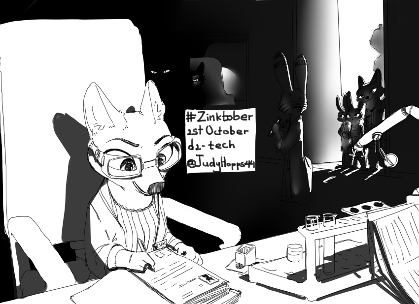 anthro arctic_fox artist_name canid canine chair clothed clothing disney english_text eyewear fox fully_clothed furniture goggles group hi_res holding_object inktober inktober_2021 jack_savage judy_hopps judyhopps44 laboratory_equipment laboratory_glassware lagomorph leporid mammal monochrome nick_wilde rabbit red_fox scientific_instrument sitting skye_(zootopia) test_tube text zootopia