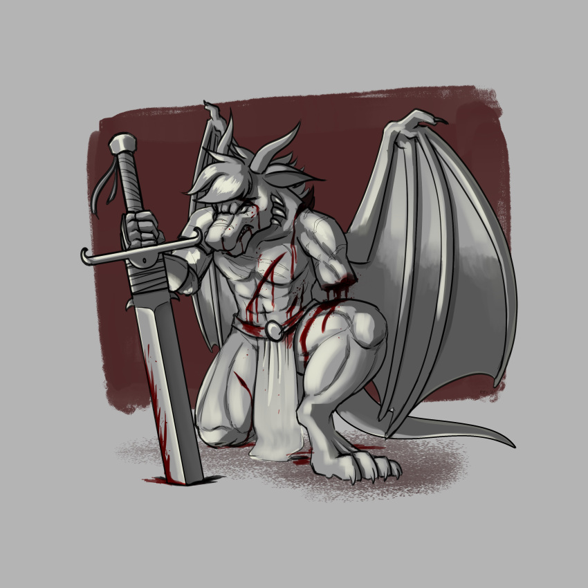 1:1 absurd_res amputation amputee angry anthro belt blood blood_from_mouth blood_in_mouth bodily_fluids bottomwear clothing disability dragon frown hi_res horn jason_(sexydragon201) kneeling loincloth male melee_weapon missing_arm revertigo scowl simple_background solo sword weapon wings wounded