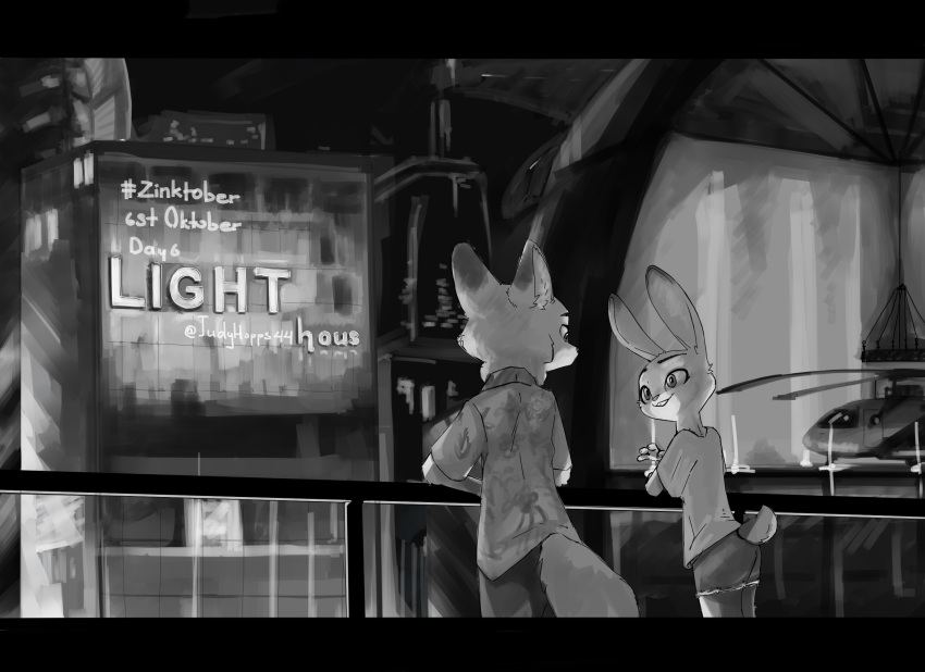 2021 aircraft anthro bottomwear building canid canine clothed clothing dipstick_ears disney duo english_text fox fully_clothed fur greyscale helicopter hi_res inktober inktober_2021 judy_hopps judyhopps44 lagomorph leporid light lighting looking_at_another mammal monochrome multicolored_ears nick_wilde pants rabbit red_fox shaded shirt shorts smile text topwear zootopia