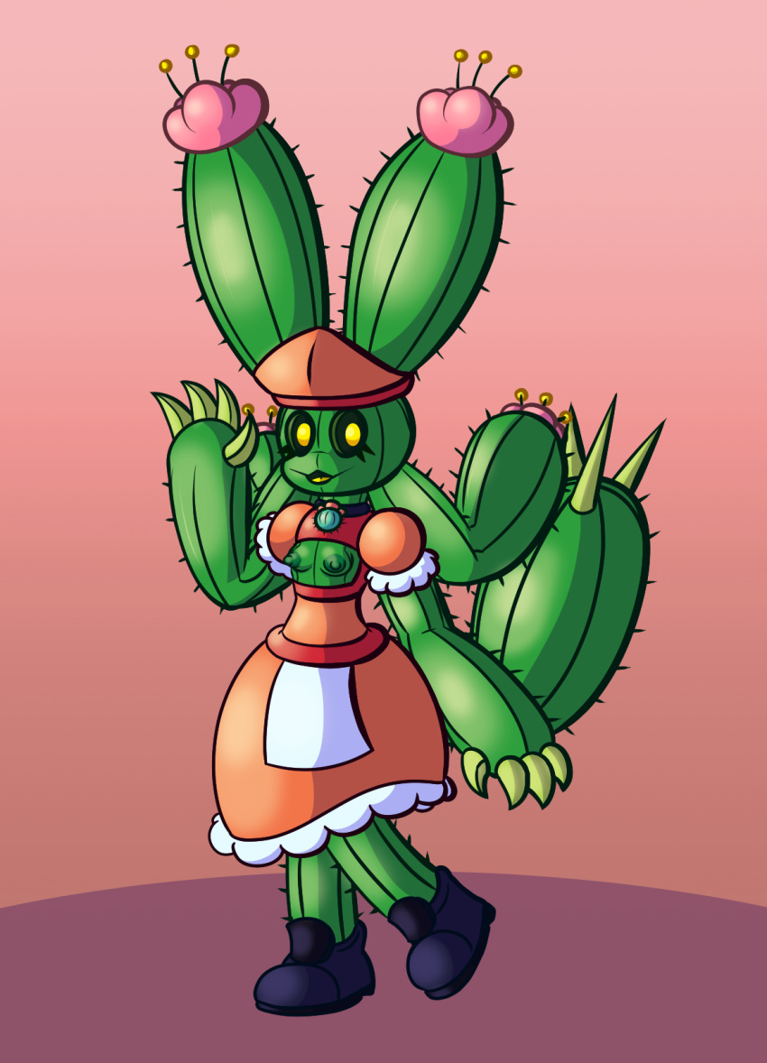 anthro areola breasts cactus clothing dress elemental_creature exposed_breasts female flora_fauna flower gradient_background green_body hi_res nipples plant puffy_areola puffy_nipples simple_background small_breasts solo sprucy waitress_outfit yellow_eyes