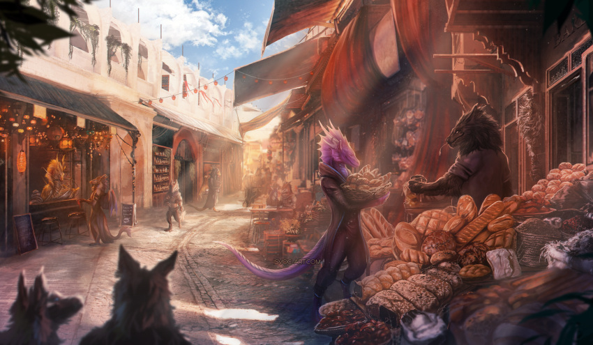 2021 2_horns amazing_background anthro background_character basket biped black_body black_fur black_robe blonde_hair blue_sky blurred_background blurred_foreground book bread canid canine city clothed clothing cloud container cooking day detailed detailed_background detailed_fur digital_media_(artwork) digital_painting_(artwork) digitigrade dragon eyes_closed feathered_wings feathers feral food fully_clothed fur furgonomics furniture furred_dragon gesture grey_body grey_fur group hair hi_res holding_basket holding_book holding_container holding_object horn isvoc lamp lantern light looking_at_another magic male mammal membrane_(anatomy) membranous_wings noodles outside paper_lantern path pink_body pink_scales pink_tail plant pointing purple_body purple_scales reading reading_book robe scales scalie shaded sitting sky smile soft_shading standing stool straw_in_mouth sunlight text url walking watermark wingless_dragon wings yellow_body yellow_scales