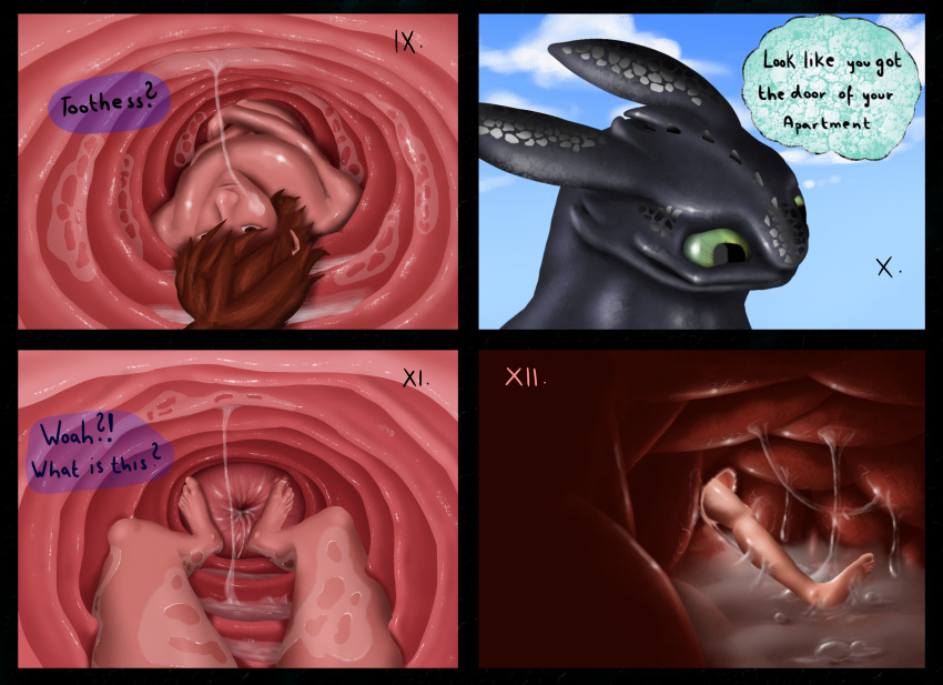 absurd_res black_body brown_hair cloud comic dragon dreamworks duo english_text first_person_view green_eyes guts hair hi_res hiccup_horrendous_haddock_iii how_to_train_your_dragon human human_prey intestines male male/male mammal night_fury organs scalie stomach text toothless vore ward0r western_dragon willing_vore