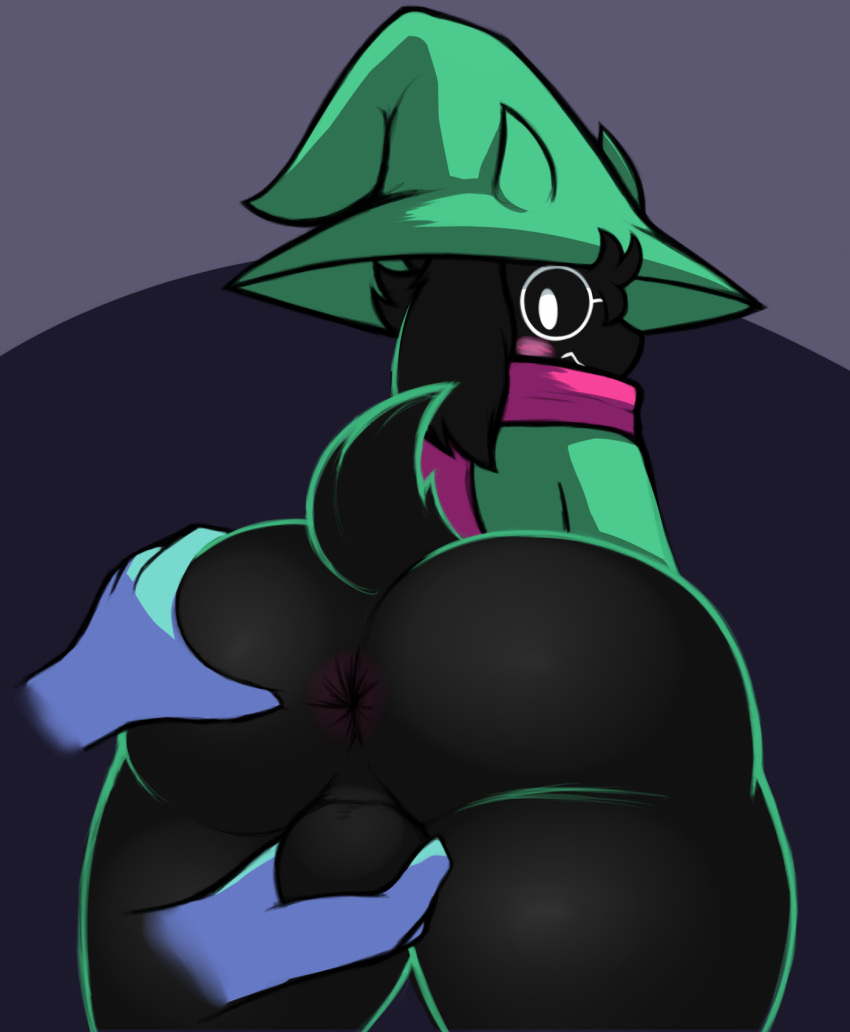 2021 4_fingers ambiguous_gender anthro anus ball_fondling balls big_butt black_body black_fur blue_body blue_skin blush bottomless bovid butt butt_grab caprine clothed clothing deltarune disembodied_hand duo eyewear fingers fondling fur genitals glasses goat green_clothing green_hat green_headwear green_topwear hand_on_balls hand_on_butt hat head_tuft headgear headwear hi_res horn kierus long_ears looking_at_viewer looking_back looking_back_at_viewer male male/ambiguous male_focus mammal overweight partially_clothed perineum pink_scarf raised_tail ralsei rear_view scarf scut_tail short_tail solo_focus spread_butt spreading standing thick_thighs topwear tuft undertale_(series) video_games white_eyes