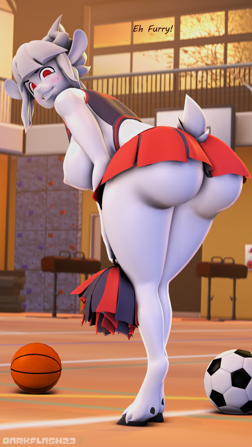 2021 3d_(artwork) 4k 9:16 absurd_res anthro areola artist_name ball basketball_(ball) bedroom_eyes bent_over big_areola big_breasts big_butt blush bottomwear bovid breasts butt caprine cheerleader cheerleader_outfit climbing_wall clothing curvy_figure darkflash23 detailed_background dialogue digital_media_(artwork) english_text eyelashes feet female fingers fur goat goat_lucifer_(helltaker) hair helltaker hi_res hooves horn hourglass_figure huge_breasts huge_butt inside looking_at_viewer mammal markings moeflavor_cheerleader_uniform mole_(marking) narrowed_eyes nipples open_top pom_poms red_eyes seductive skirt smile soccer_ball solo source_filmmaker talking_to_viewer teeth text thick_thighs voluptuous white_body white_fur white_hair wide_hips