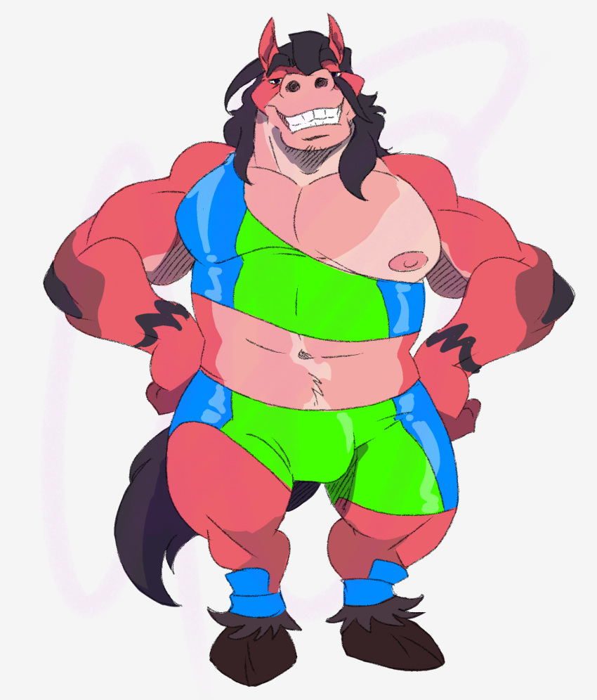 ankle_tufts anthro biceps big_bulge biped black_hair bulge clothed clothing clydesdale colored colored_sketch digital_drawing_(artwork) digital_media_(artwork) draft_horse equid equine exercise_clothing fingers fluffy fluffy_tail hair half-closed_eyes hands_on_hips hi_res hooves horse kame'alohi_lue'hi legwear long_hair looking_at_viewer male mammal muscular muscular_anthro muscular_arms muscular_male muscular_thighs narrowed_eyes nipples open_mouth pecs shaded simple_background smile spandex sportswear standing teeth tight_clothing tuft white_background workout_clothing zeiroslion