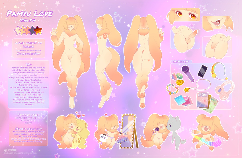 2021 anthro barefoot biped canid canine deerstail english_text erection feet genitals male mammal model_sheet pamyu_love penis purple_background simple_background text