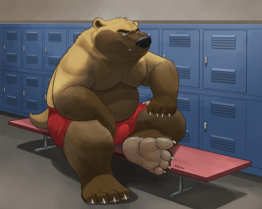 4_toes anthro belly big_belly black_nose bottomwear brown_body brown_fur bulge claws clothed clothing dj-rodney eyebrows feet fur gulonine inside locker locker_room male mammal mustelid musteline overweight overweight_anthro overweight_male shorts signature sitting smile soles solo tan_body tan_fur toe_claws toes topless wolverine