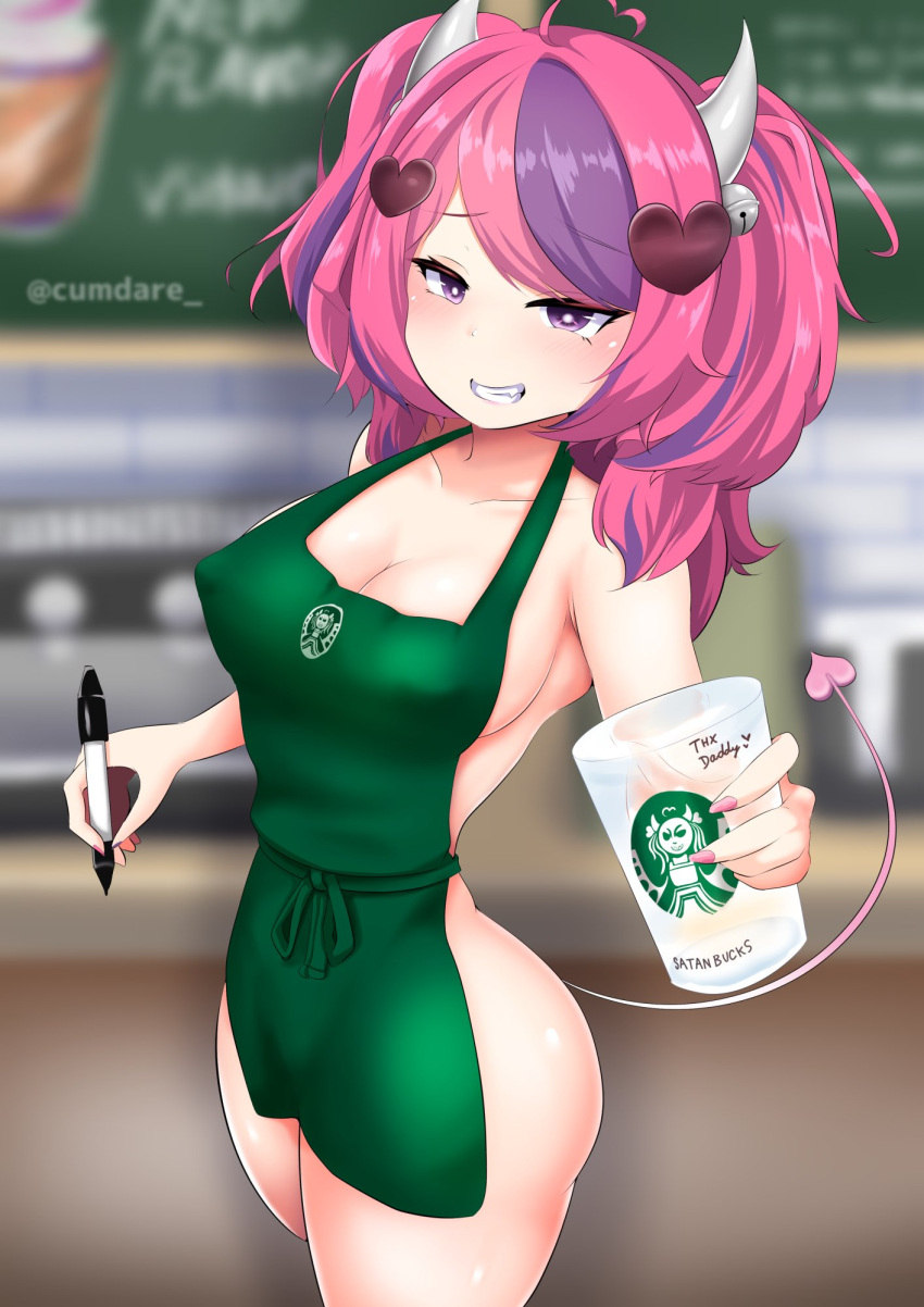 &lt;3 5_fingers accessory ahoge apron apron_only bell big_breasts blurred_background breasts butt cleavage clothed clothing collarbone colored_nails container cumdare cup demon english_text erect_nipples eyebrow_through_hair eyebrows eyelashes_visible_through_hair fangs female fingers glistening glistening_body glistening_skin green_apron hair hair_accessory heart_ahoge heart_hair_accessory hi_res highlights_(coloring) holding_cup holding_marker holding_object horn horned_humanoid humanoid i_mean_breast_milk inside ironmouse jingle_bell long_hair looking_at_viewer mammal marker meme mostly_nude multicolored_hair nails nipple_outline nipples not_furry parody pink_hair pink_nails pink_tail portrait purple_eyes purple_hair sharp_nails simple_background smile smirk solo spade_tail starbucks teeth text thick_thighs three-quarter_portrait tied_hair translucent translucent_hair two_tone_hair vshojo