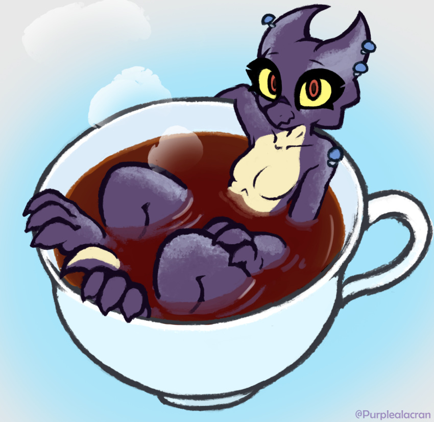 bathing beverage blackberry_(purplealacran) boldtober breasts claws featureless_breasts female fungus hi_res horn kobold lizard looking_at_viewer mushroom purple_body purplealacran red_eyes reptile scalie signature simple_background tea yellow_sclera