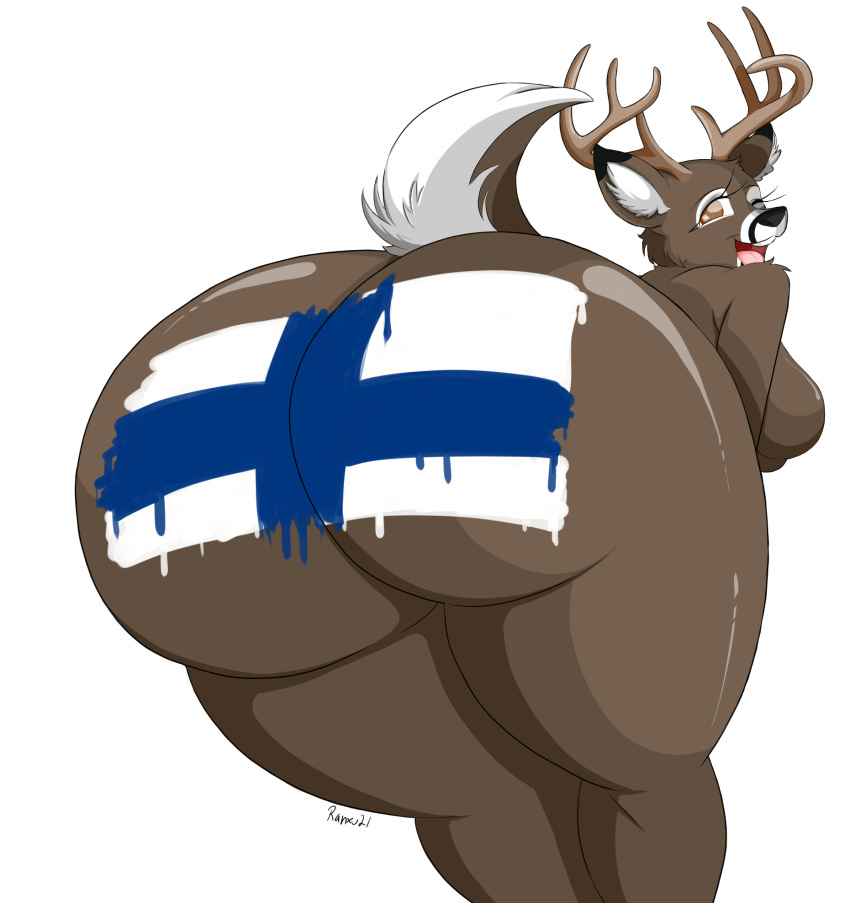 anthro antlers big_butt breasts brown_body brown_fur butt butt_focus cervid female finnish_flag fur hi_res horn imaranx inner_ear_fluff looking_at_viewer looking_back mammal one_eye_closed open_mouth scut_tail short_tail simple_background solo tuft wink