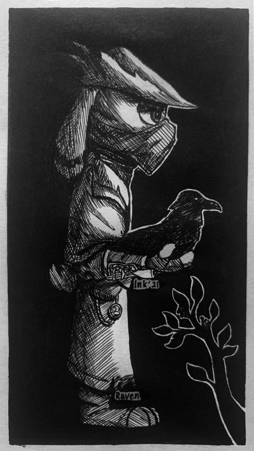 2021 absurd_res anthro avian bird border branch clothed clothing corvid corvus_(genus) feral fully_clothed hat headgear headwear hi_res inktober_2021 lagomorph leporid mammal monochrome oscine passerine rabbit raven side_view standing theblueberrycarrots traditional_media_(artwork) white_border