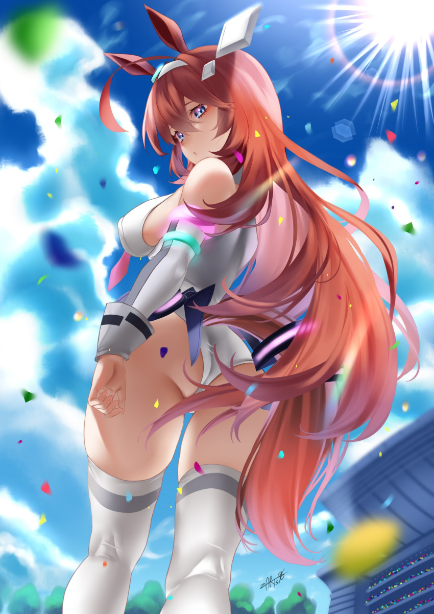 animal_humanoid breasts clothed clothing detailed_background equid equid_humanoid equine equine_humanoid female hi_res horse_humanoid humanoid legwear looking_at_viewer looking_back looking_back_at_viewer low-angle_view mammal mammal_humanoid nipple_outline outside solo thigh_highs zasshu