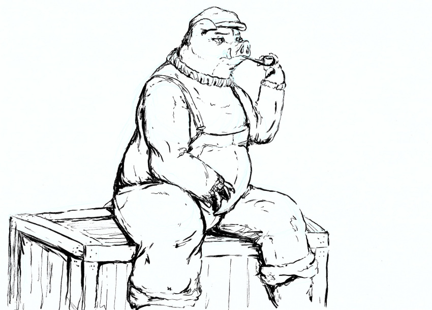 2021 anthro biped clothed clothing crate darcy_macdonnel digital_drawing_(artwork) digital_media_(artwork) domestic_pig fingers hair hat headgear headwear hi_res holding_object hooved_fingers hooves hybrid kangadoodles male mammal monochrome overalls rolled-up_sleeves simple_background sitting sketch smoking smoking_pipe solo suid suina sus_(pig) sweater topwear traditional_media_(artwork) tusks wild_boar