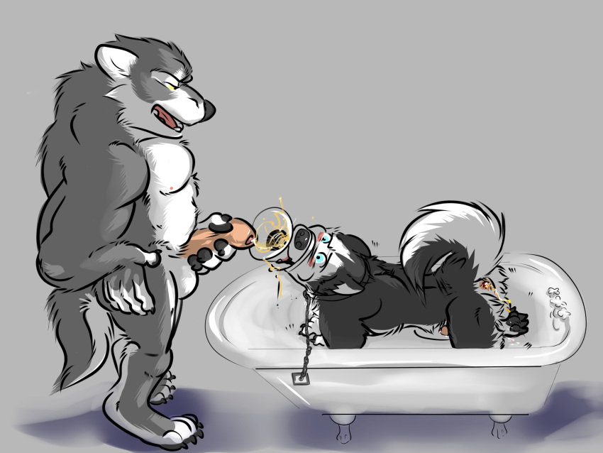 4:3 all_fours anthro anthro_on_anthro anus bathtub biped blue_eyes blush bodily_fluids canid canine canis chain collar domestic_dog dominant dominant_male drinking drinking_urine duo fingers force_feeding forced funnel funnel_gag funnel_in_mouth gag gagged genital_fluids genitals hi_res holding_penis husky kaputotter leaking leash long_story looking_at_another looking_up male male/male mammal nordic_sled_dog open_mouth peeing penis raised_tail spitz standing story story_in_description submissive submissive_male urine urine_in_mouth urine_stream watersports wolf