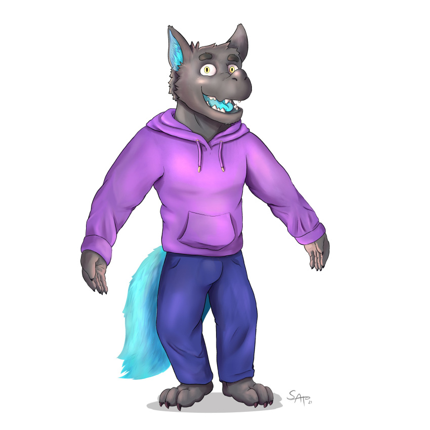 1:1 2021 absurd_res anthro biped blue_body bottomwear bulge canid canine canis clothing grey_body hi_res hoodie humanoid_hands male mammal pants sato_afroleone simple_background solo topwear white_background wolf