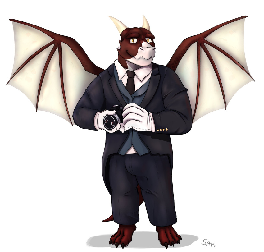 2021 absurd_res anthro biped bottomwear camera clothing dragon gloves handwear hi_res horn humanoid_hands male necktie pants sato_afroleone shirt simple_background solo topwear white_background wings