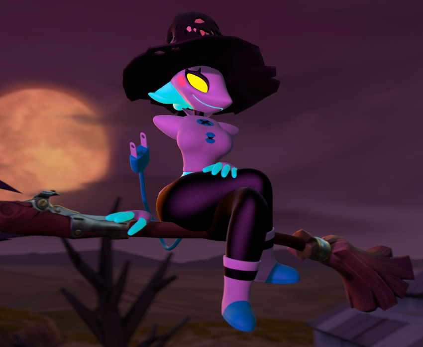 android anthro black_body breasts broom broom_riding cleaning_tool clothing deltarune detailed_background felid feline female floating_hands glowing glowing_eyes glowing_hair hair halloween hat headgear headwear holidays machine mammal neonluv robot solo tasque_manager undertale_(series) video_games white_body witch_hat yellow_eyes