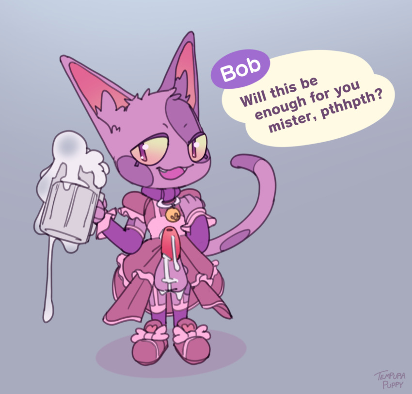 animal_crossing anthro balls biped bob_(animal_crossing) bodily_fluids clothed clothing collar cum cum_in_a_cup dialogue digital_media_(artwork) domestic_cat erection excessive_cum felid feline felis fur genital_fluids genitals header header_box hi_res maid_uniform male mammal nintendo penis pink_body pink_fur purple_body purple_fur simple_background smile solo tempura_puppy text text_header uniform video_games