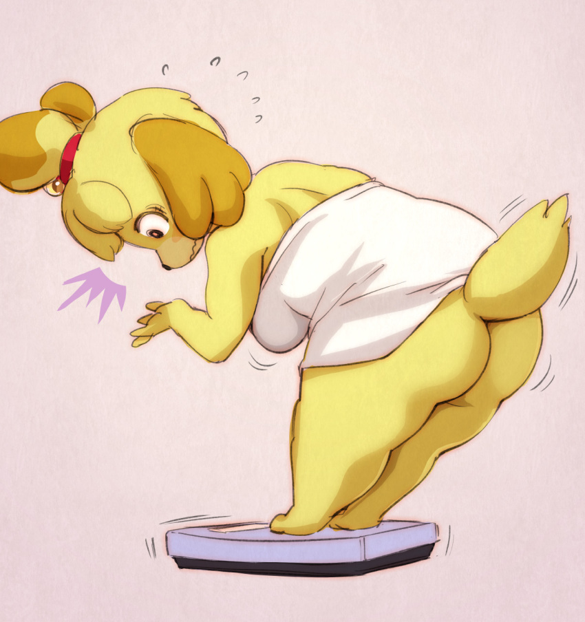 animal_crossing anthro bent_over big_breasts blush bottomless breasts butt canid canine canis clothed clothing domestic_dog embarrassed female hi_res isabelle_(animal_crossing) mammal melonleaf nintendo shocked simple_background slightly_chubby solo towel towel_only video_games weighing_scale weight_conscious