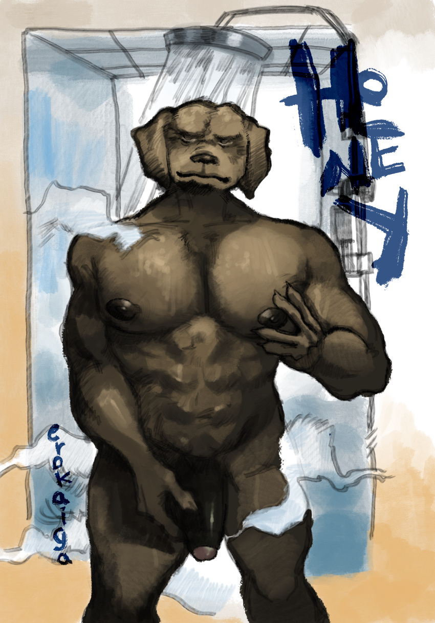 2021 abs anthro barazoku brown_body brown_eyes brown_fur canid canine canis digital_media_(artwork) domestic_dog erokaiga flaccid fur genitals hi_res holding_pecs holding_penis honey_(erokaiga) male male/male mammal muscular nipples nude penis shower showering signature solo steam text water