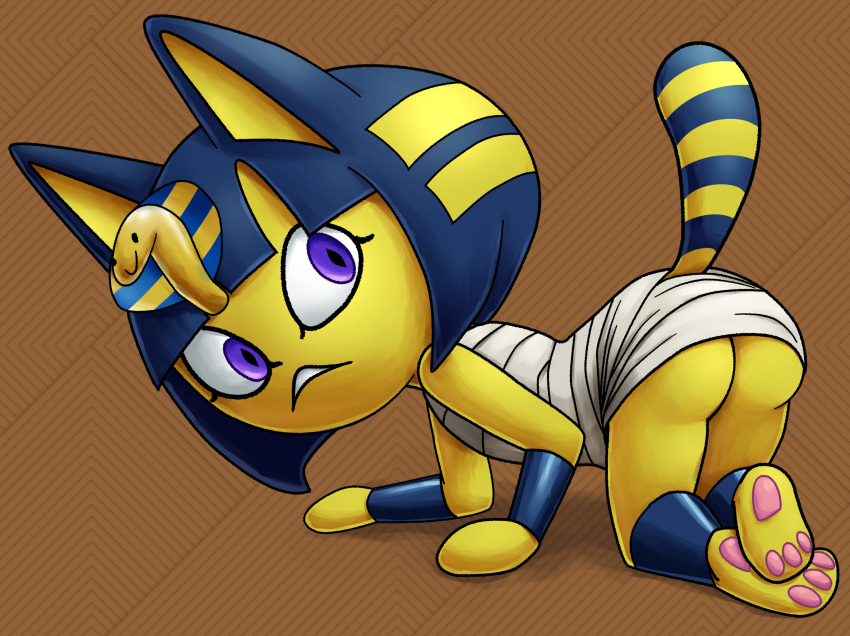 3_toes all_fours animal_crossing ankha_(animal_crossing) anthro butt chibi clothed clothing domestic_cat featureless_hands feet felid feline felis female frown hi_res looking_at_viewer mammal ninonsfw nintendo pawpads paws pink_pawpads purple_eyes soles solo sr toes video_games