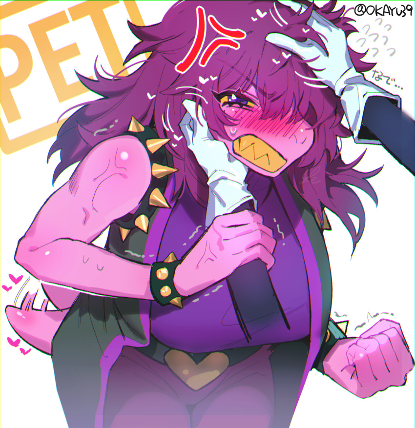 annoyed anthro belt_buckle big_breasts blush breasts clothed clothing colored cross-popping_vein deltarune disembodied_hand duo female fist gloved_hands head_pat hi_res huge_breasts japanese_text kris_(deltarune) mostly_offscreen_character non-mammal_breasts okayu39 solo_focus spikes susie_(deltarune) tail_motion tailwag text text_box undertale_(series) video_games