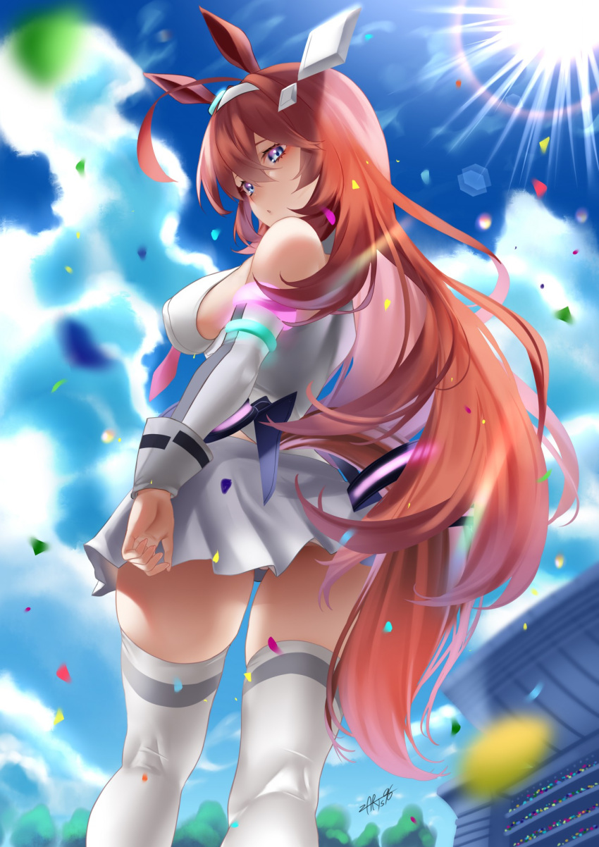 animal_humanoid breasts butt_pose clothed clothing detailed_background equid equid_humanoid equine equine_humanoid female hi_res horse_humanoid humanoid legwear looking_at_viewer looking_back looking_back_at_viewer low-angle_view mammal mammal_humanoid outside pose solo thigh_highs zasshu