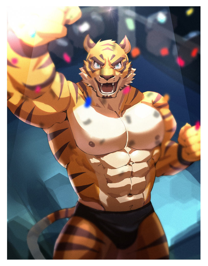 2021 abs absurd_res anthro bottomwear clothing felid fur hi_res male mammal muscular muscular_anthro muscular_male neumokun nipples pantherine pecs solo striped_body striped_fur stripes tiger