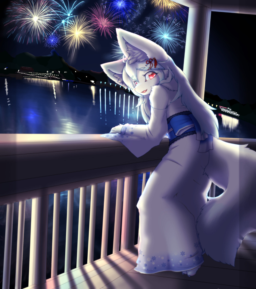 accessory anthro arm_support armwear asian_clothing bare_shoulders barefoot big_ears biped building canid canine cheek_tuft city claws clothed clothing detached_sleeves detailed_background digital_media_(artwork) east_asian_clothing eyelashes facial_tuft feet female fireworks flat_chested fluffy fluffy_ears fluffy_hair fluffy_tail fox full-length_portrait fully_clothed fur hair hair_accessory hairpin hazukikai hi_res inner_ear_fluff japanese_clothing kemono kimono lake leaning leaning_forward light long_hair looking_at_viewer mammal monotone_body monotone_ears monotone_fur monotone_hair monotone_tail mountain neck_tuft night obi obijime open_mouth open_smile outside pink_nose porch portrait pupils red_eyes side_view sky slim slit_pupils smile solo standing toe_claws tongue tuft water white_body white_clothing white_ears white_fur white_inner_ear white_inner_ear_fluff white_tail