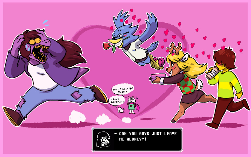 &lt;3 ambiguous_gender annoying_dog_(undertale) anthro avian berdly bird blush capreoline cervid chase deltarune dialogue_box english_text female group hi_res human humanoid kris_(deltarune) male mammal noelle_holiday ralsei reindeer reptile running_away scalie sharp_teeth susie_(deltarune) teeth text theabbystabby undertale undertale_(series) video_games yelling yellow_sclera