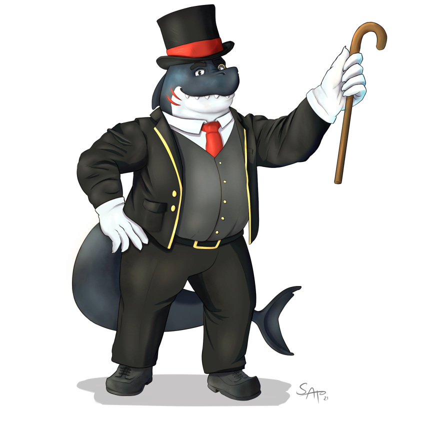 1:1 2021 absurd_res anthro biped black_body bottomwear clothing eyewear fish gloves handwear hat headgear headwear hi_res humanoid_hands male marine monocle necktie pants sato_afroleone shark shirt simple_background slightly_chubby solo suit top_hat topwear white_background white_body