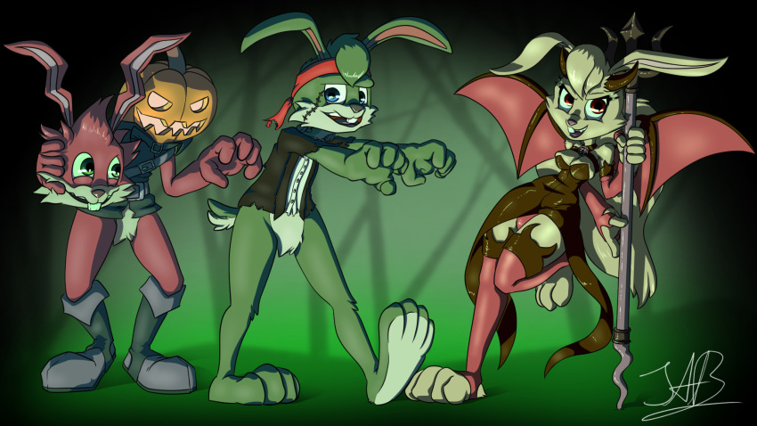 16:9 anthro clothing costume demon epic_games female food frankenstein fruit group halloween halloween_costume hare headless_horseman hi_res holidays horn jazz_jackrabbit jazz_jackrabbit_(series) lagomorph leporid lori_jackrabbit male mammal paws plant pumpkin pumpkin_head spaz_jackrabbit staff turkojar video_games widescreen wings