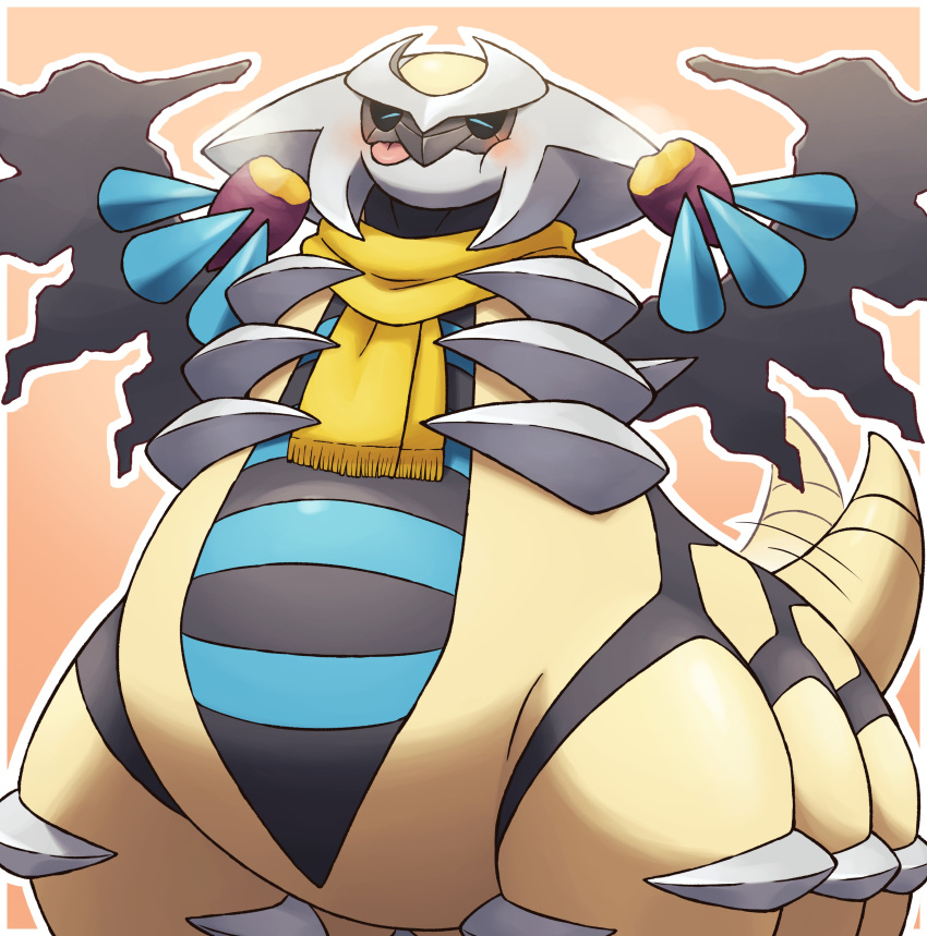 6_legs absurd_res altered_forme_giratina ambiguous_gender black_sclera blue_eyes blush eating feral food giratina hi_res holding_food holding_object legendary_pok&eacute;mon multi_leg multi_limb nintendo on_ice_(artist) plant pok&eacute;mon pok&eacute;mon_(species) scarf shiny_pok&eacute;mon simple_background slightly_chubby solo sweet_potato tongue tongue_out vegetable video_games wings yellow_body yellow_scarf