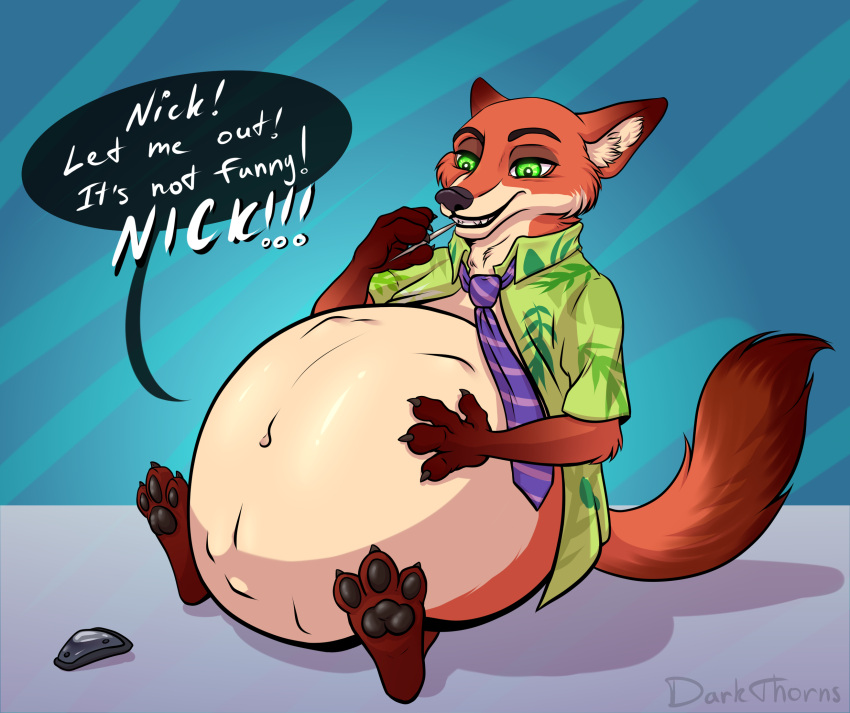 abdominal_bulge anthro belly canid canine clothed clothing darkthorns disney duo female fox green_eyes grin hand_on_stomach hi_res male male/female male_pred mammal navel necktie nick_wilde pawpads paws sitting smile vore zootopia