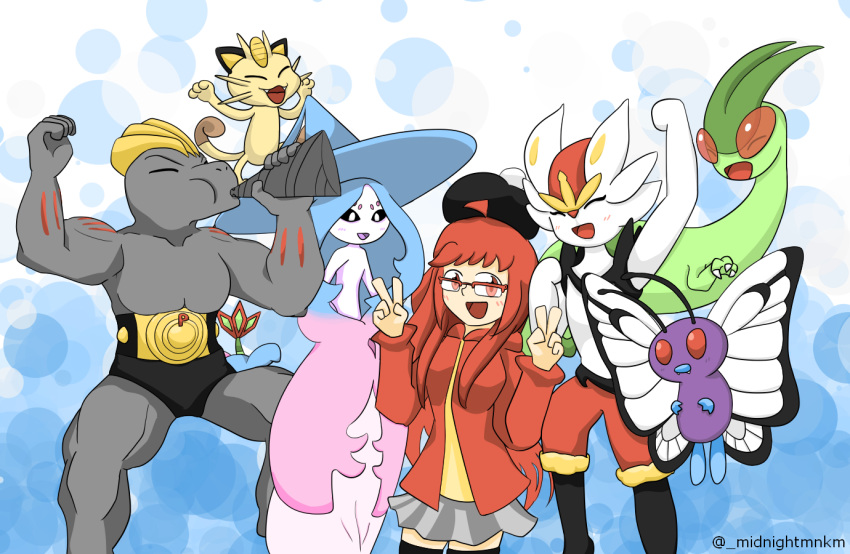 2019 ahoge ambiguous_gender anthro butterfree cinderace clothing eyes_closed female flygon friita gesture group hair happy hat hatterene headgear headwear human humanoid machoke male mammal meowth mikan_(friita) nintendo open_mouth orange_eyes party_horn pok&eacute;mon pok&eacute;mon_(species) pok&eacute;mon_trainer raised_arms red_hair signature simple_background tam_o'_shanter v_sign video_games