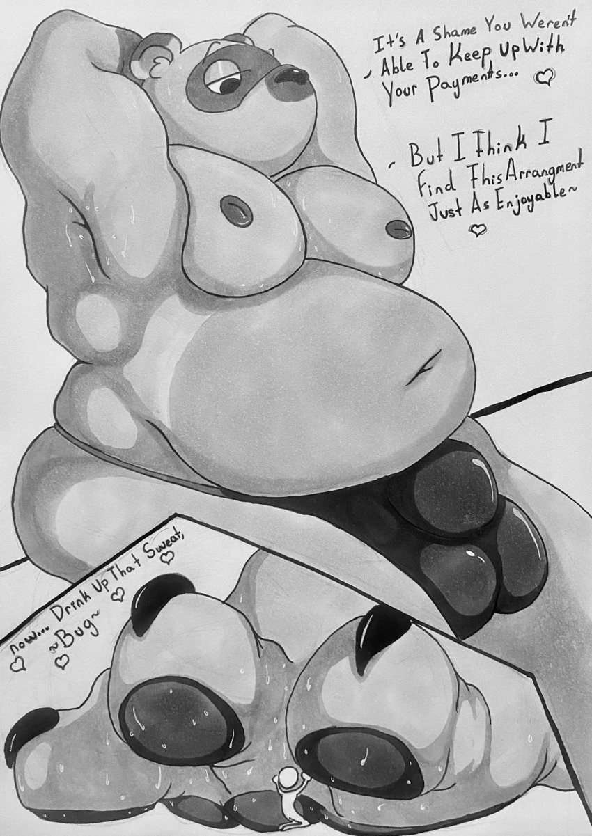 3_toes animal_crossing anthro belly big_belly bodily_fluids bulge claws dialogue duo english_text feet foot_fetish foot_focus foot_lick foot_play hi_res humanoid licking male micro monochrome nintendo oddoldsoul overweight overweight_anthro overweight_male paws slightly_chubby sweat sweaty_armpit sweaty_feet text toe_claws toes tom_nook_(animal_crossing) tongue tongue_out video_games