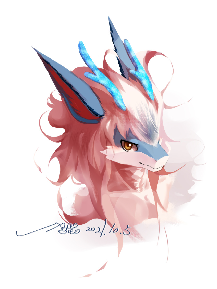 2021 3:4 ambiguous_gender anthro antlers blue_antlers blue_body blue_fur bust_portrait cheek_tuft dragon facial_tuft fur hi_res horn kemono looking_at_viewer orange_eyes portrait scalie shaded simple_background solo tuft white_background white_body white_fur x1aoyaoya