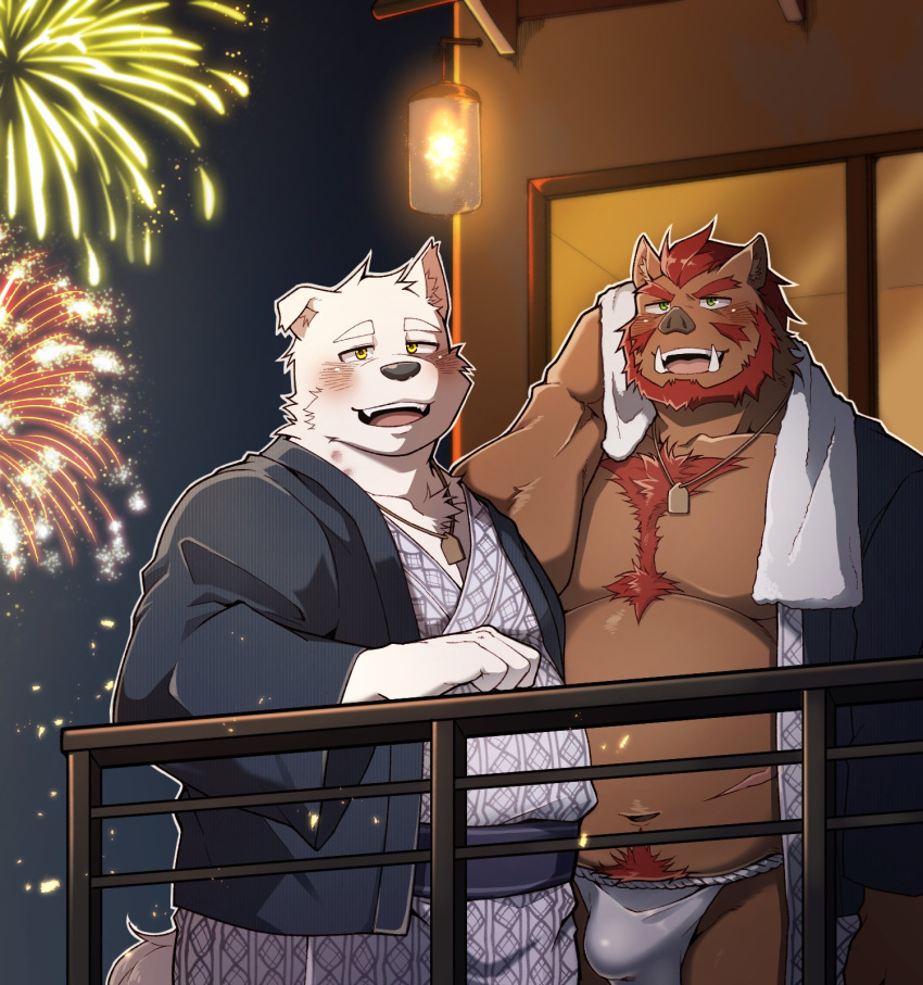 2021 anthro asian_clothing belly blush brown_body bulge canid canine canis clothing detailed_background domestic_dog duo east_asian_clothing fireworks fundoshi hi_res humanoid_hands japanese_clothing kemono m_ikky male male/male mammal navel night outside overweight overweight_male scar suid suina sus_(pig) towel towel_around_neck underwear white_body white_clothing white_fundoshi white_underwear wild_boar