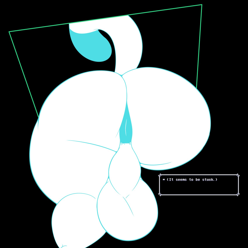 absurd_res anus backsack balls big_balls butt butt_focus deltarune english_text feral genitals hi_res male simple_background solo stuck tasque text thenameisradio thick_thighs through_wall undertale_(series) video_games