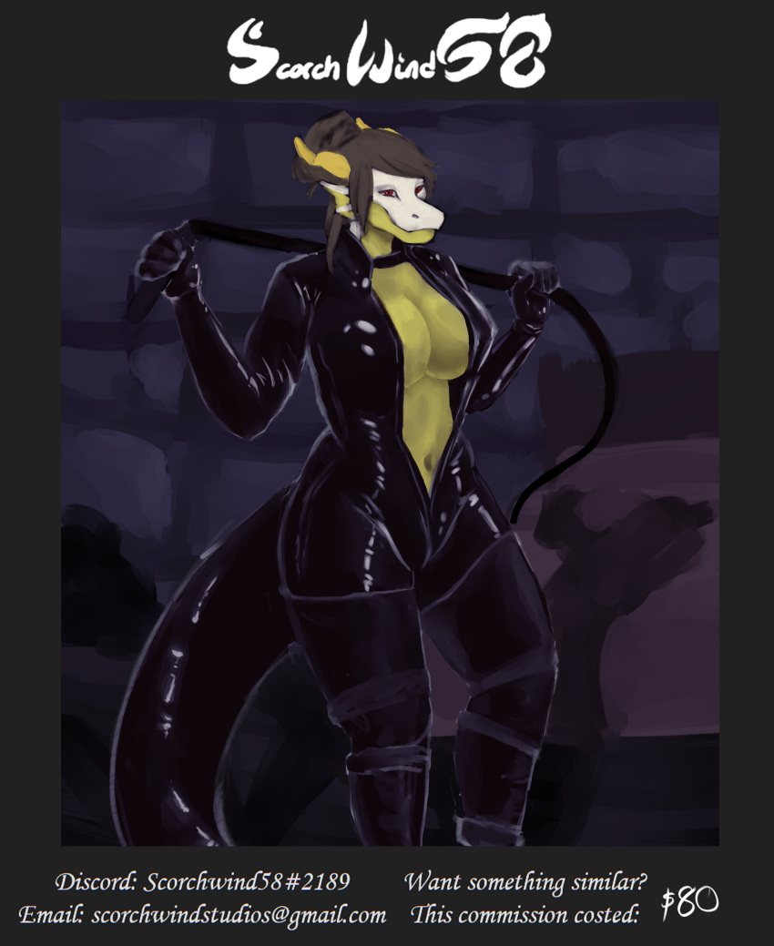 absurd_res bed belt breasts brick clasps cleavage clothed clothing dominant dominant_female dominantrix dominatrix dragon dungeon english_text female furniture hi_res leather rubber scalie scorchwind58 solo suit text url whip